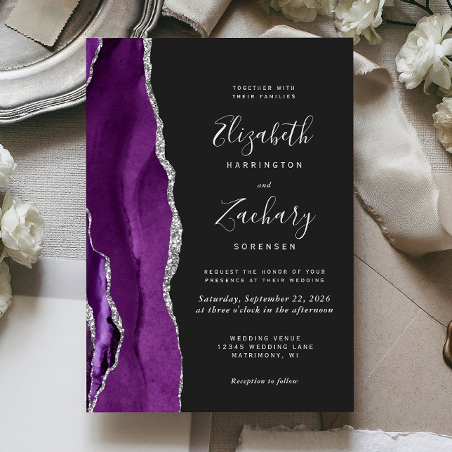 Modern Purple Silver Agate Dark Wedding Invitation (The perfect choice for a purple and silver themed wedding.)