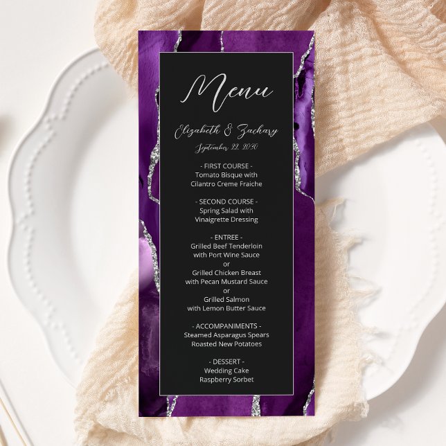 Modern Purple Silver Agate Dark Wedding Menu (Creator Uploaded)