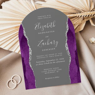 Modern Purple Silver Agate Grey Arch Wedding Invitation