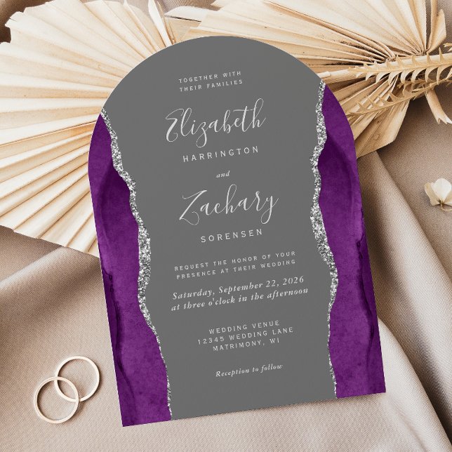 Modern Purple Silver Agate Grey Arch Wedding Invitation (Creator Uploaded)