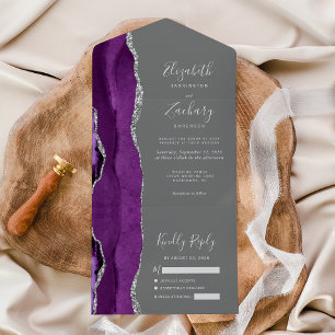 Modern Purple Silver Agate Grey Wedding All In One Invitation
