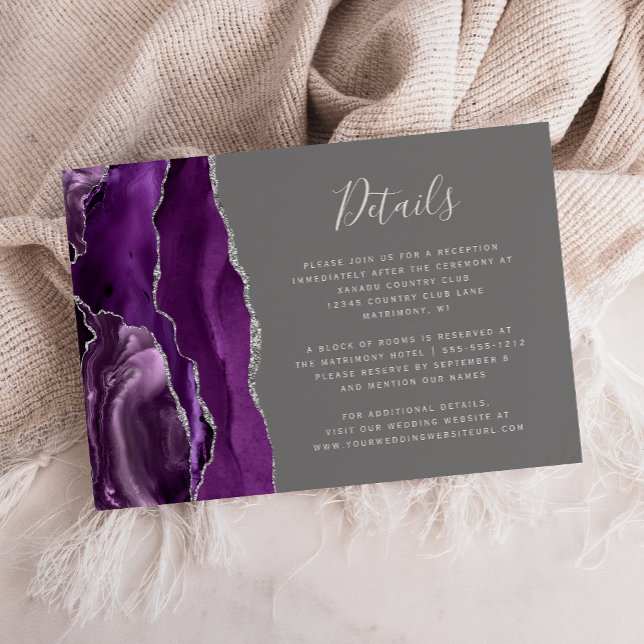 Modern Purple Silver Agate Grey Wedding Details Enclosure Card (Creator Uploaded)