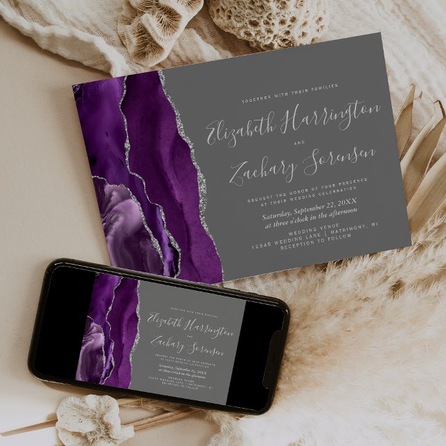 Modern Purple Silver Agate Grey Wedding Invitation (Creator Uploaded)