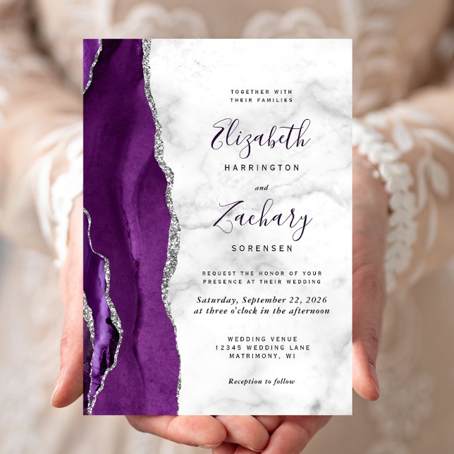 Modern Purple Silver Agate Marble Wedding Invitation (Creator Uploaded)