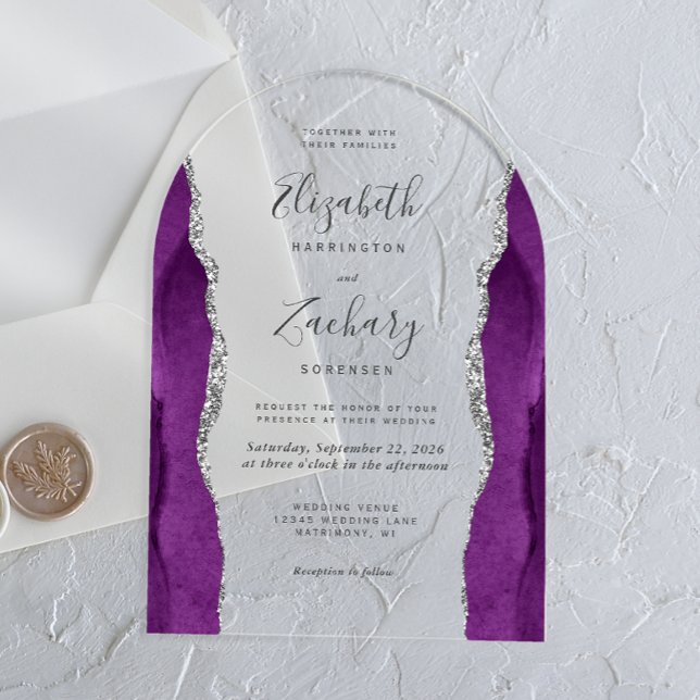 Modern Purple Silver Agate Wedding Arch Acrylic Invitations (Creator Uploaded)