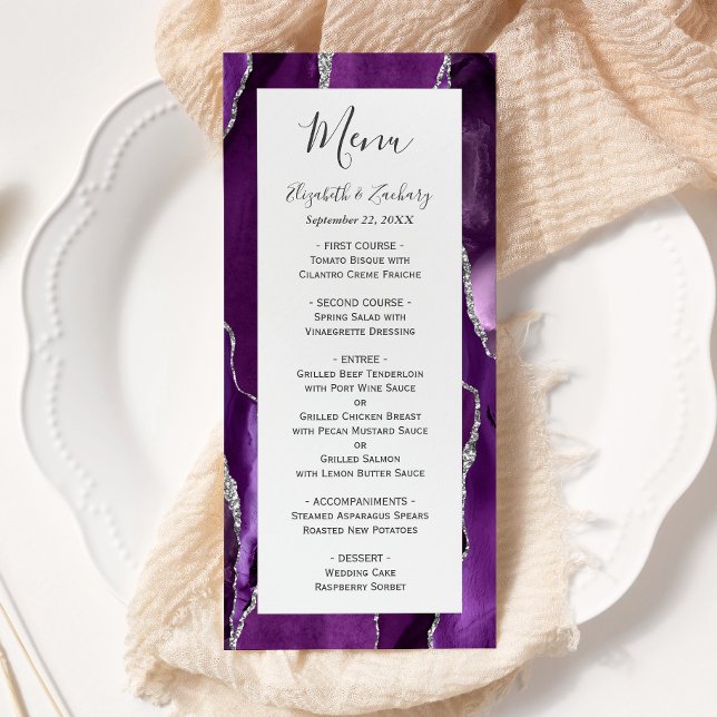 Modern Purple Silver Agate Wedding Menu (Creator Uploaded)