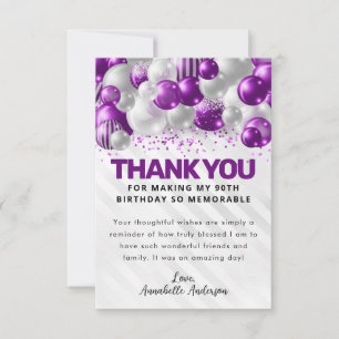Modern Purple Silver Balloon Glitter Birthday Thank You Card