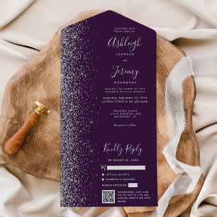 Modern Purple Silver Glitter QR Code Wedding All In One Invitation