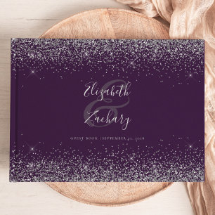 Modern Purple Silver Glitter Script Guest Book