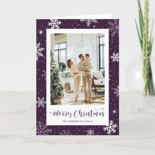 Modern Purple Snowflake Photo Merry Christmas Holiday Card