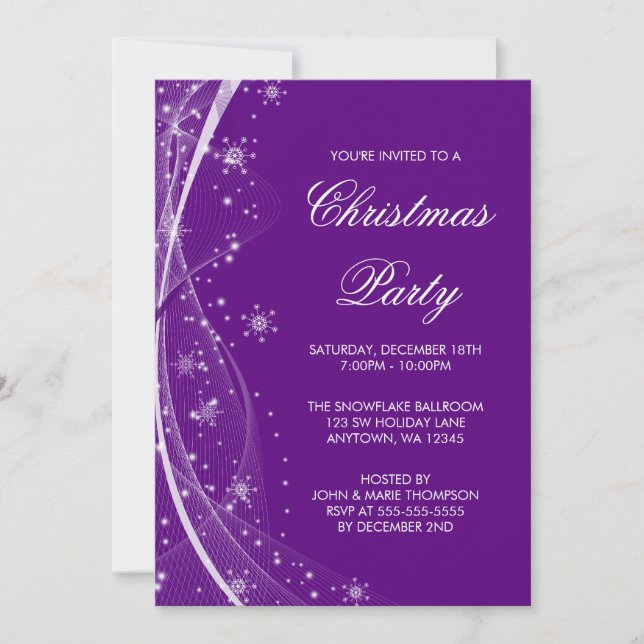 Modern Purple Snowflake Swirls Christmas Party Invitation (Front)