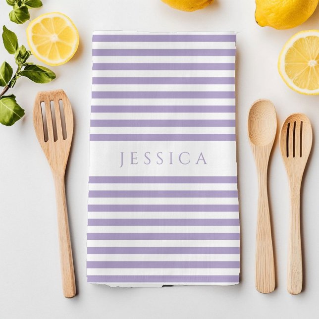Modern Purple Striped Pattern Name Tea Towel (Modern Purple Striped Pattern Name Kitchen Towel)