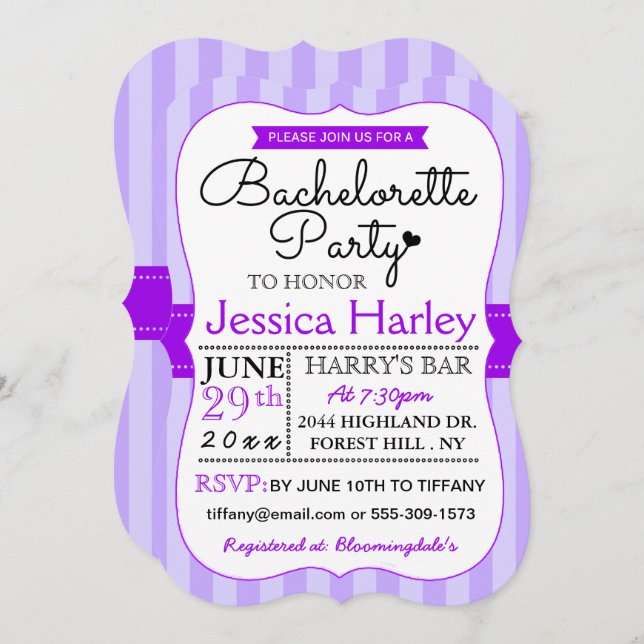 Modern Purple Stripes Bachelorette Party Invitation (Front/Back)