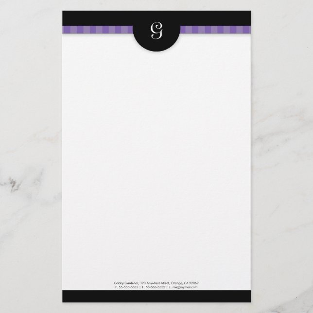Modern Purple Stripes & Black Monogram Stationery (Front)