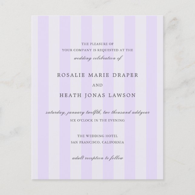 Modern Purple Stripes Budget Wedding Invite Flyer (Front)