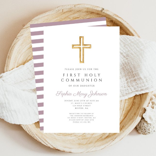 Modern Purple Stripes Cross Girl First Communion Invitation (Modern Purple Stripes Cross Girl First Communion Invitation)