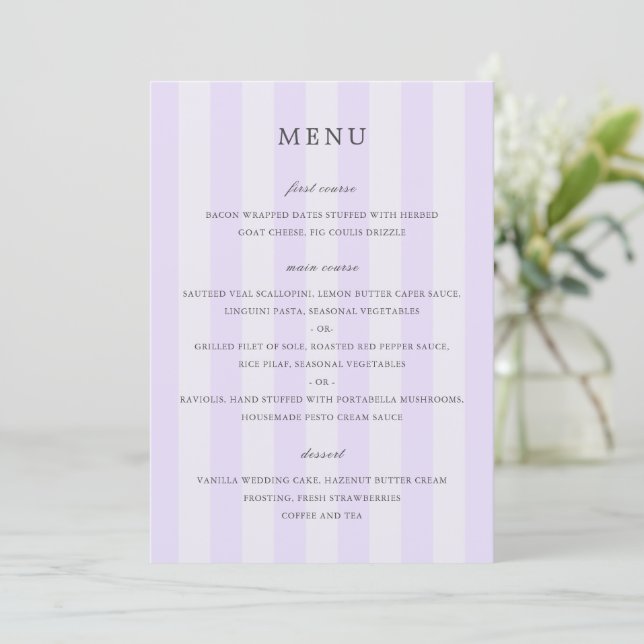 Modern Purple Stripes Elegant Wedding Menu (Standing Front)