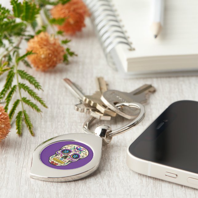 Modern Purple Sugar Skull Metal Keychain (Side)