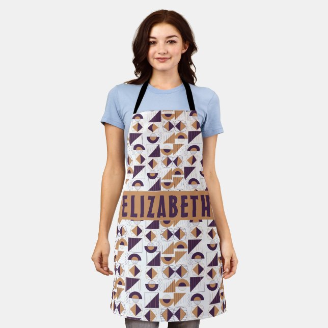 Modern Purple & Tan Geometric Art Custom Name Apron (Worn)