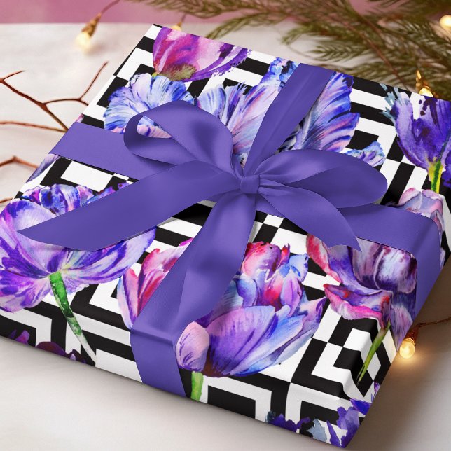 Modern Purple Tulip Girly Chic Geometric Pattern Wrapping Paper (Creator Uploaded)