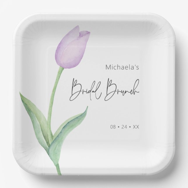 Modern Purple Tulip Solo Bridal Brunch Luncheon Paper Plate (Front)