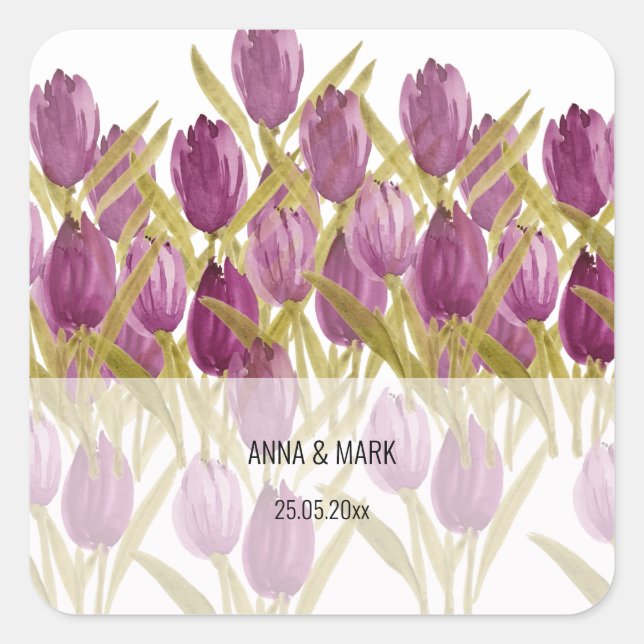 Modern Purple Tulips Watercolor Art Square Sticker (Front)