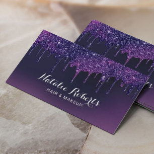 Modern Purple Violet Glitter Drips Beauty Salon Business Card