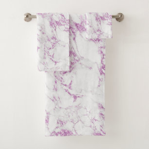 Modern Purple Violet Glitter Foil White Marble Bath Towel Set
