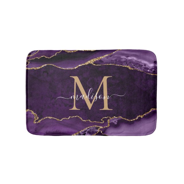 Modern Purple VioletGold Agate Geode Chic Monogram Bath Mat (Front)