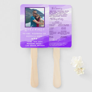 Modern Purple Watercolor photo wedding Program Ha Hand Fan