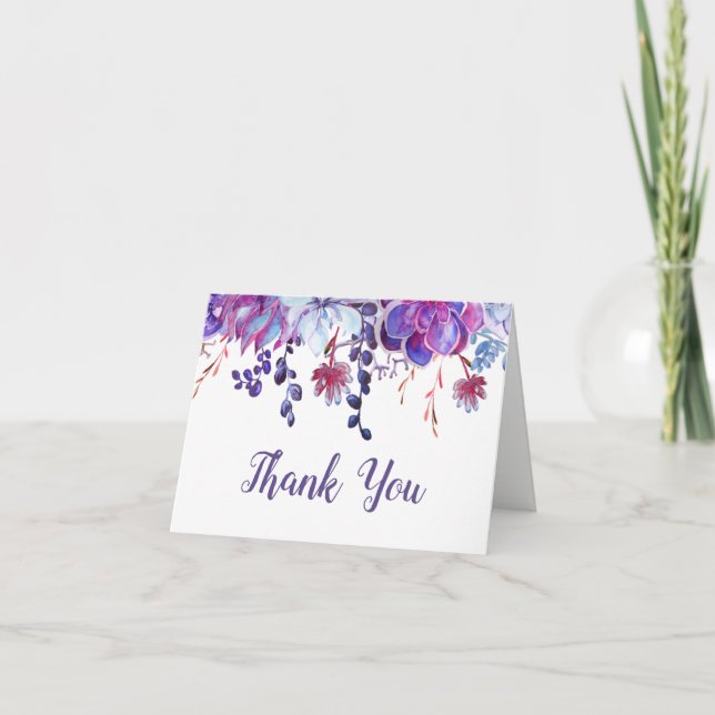 Modern Purple Watercolor Succulents Bridal Shower Thank You Card (Front)