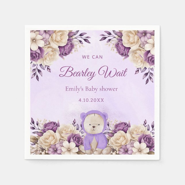 Modern purple Watercolor Teddy Bear Baby Shower Napkin (Front)