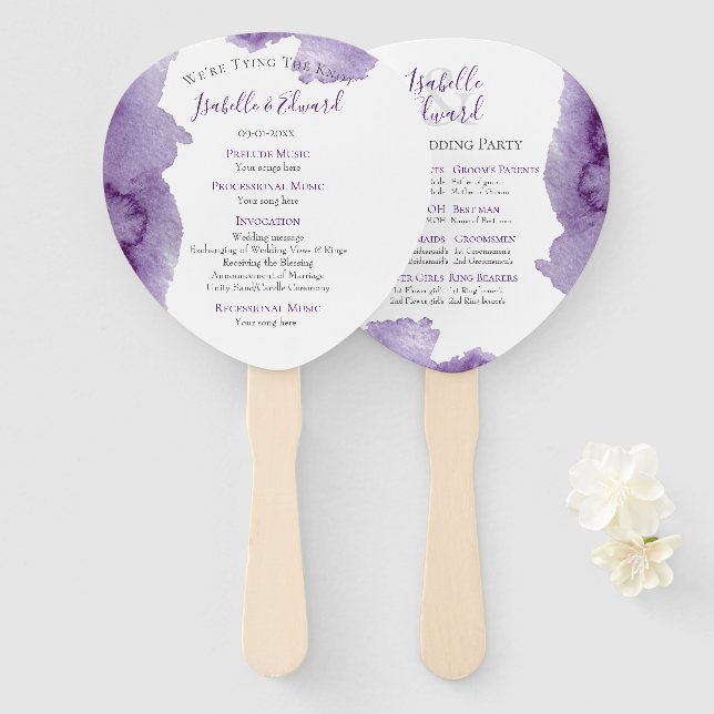 Modern Purple Watercolor Wedding Ceremony Hand Fan (Front and Back)
