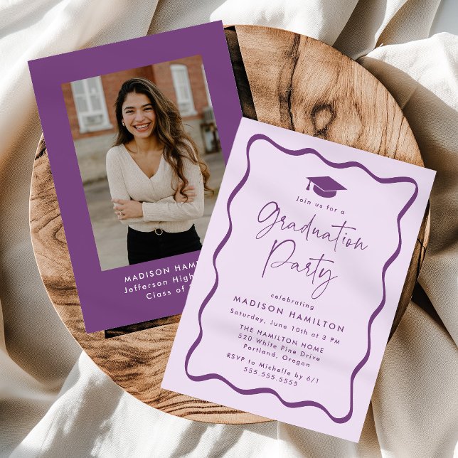 Modern Purple Wavy Frame Photo Graduation Party Invitation (Creator Uploaded)