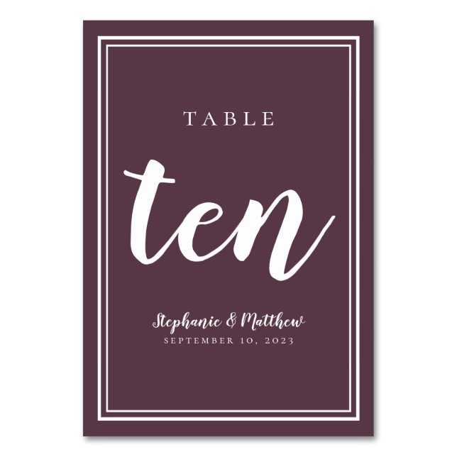 Modern Purple Wedding Reception |Table Number Ten Table Number (Front)