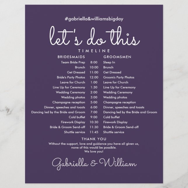 Modern Purple Wedding Schedule Timeline (Front)
