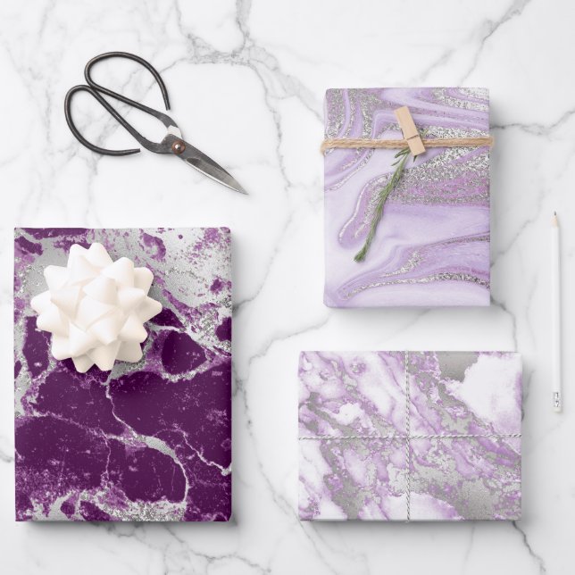 Modern Purple, White and Silver Marble Pattern Wrapping Paper Sheet (Front)