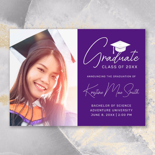 Modern Purple White Cap Photo College Graduation Announcement (Modern Purple White Script Photo College Graduation Announcement)