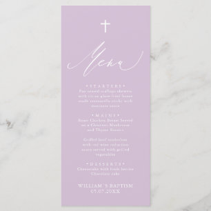Modern Purple White Cross Girl Baptism Menu Card