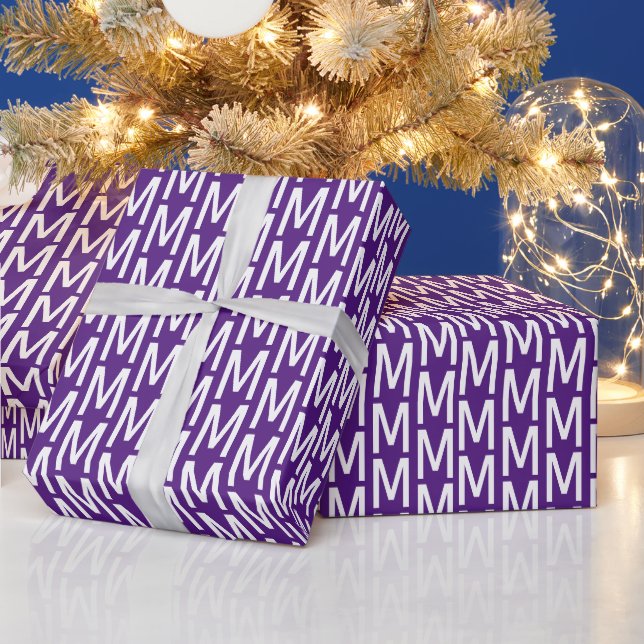 Modern purple white custom monogram pattern gift wrapping paper (Holidays)