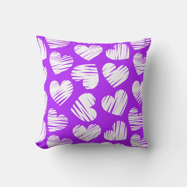 Modern Purple White Doodled Heart Valentine's Day Cushion (Front)