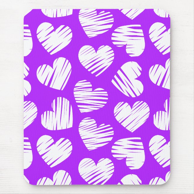 Modern Purple White Doodled Heart Valentine's Day Mouse Pad (Front)