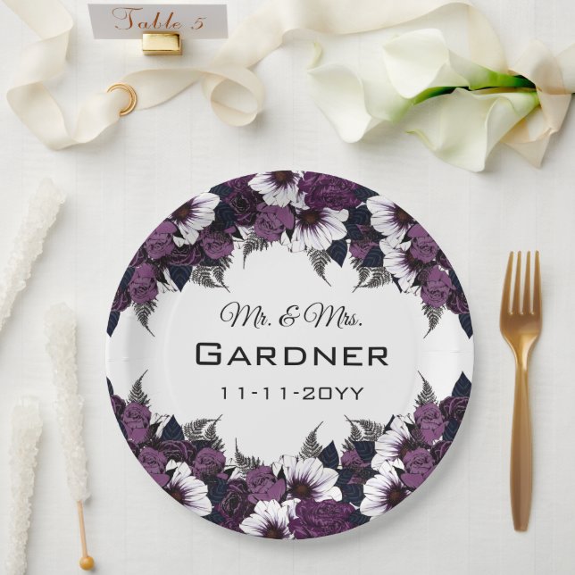 Modern Purple White Floral Wedding Paper Plate (Wedding)