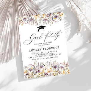 Modern Purple Wildflowers Floral Grad Party Invitation