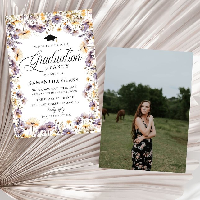 Modern Purple Wildflowers Photo Graduation Party  Invitation (Creator Uploaded)