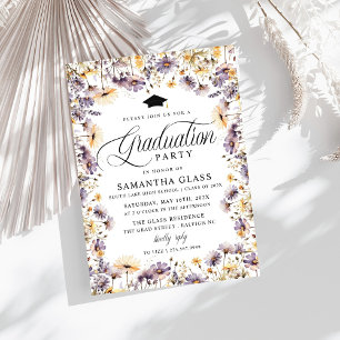 Modern Purple Wildflowers Script Graduation Party Invitation