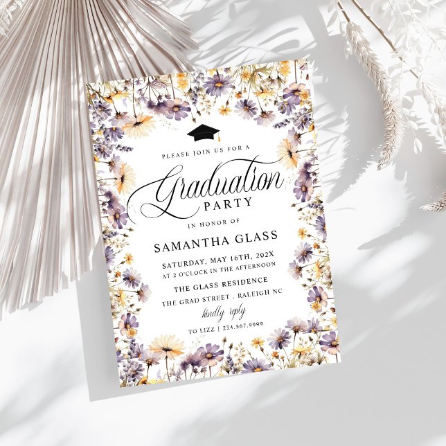 Modern Purple Wildflowers Script Graduation Party Invitation (Creator Uploaded)