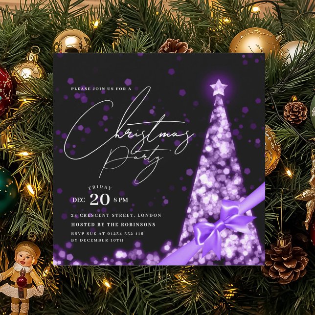 MODERN Purple Winter Christmas Tree Bow Party  Invitation (MODERN Purple Winter Christmas Tree Bow Party Invitation)
