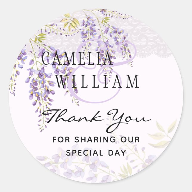 Modern Purple Wisteria Floral Lace Wedding Classic Round Sticker (Front)