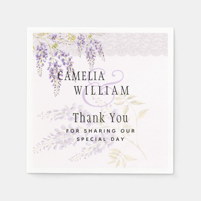 Modern Purple Wisteria Floral Lace Wedding Napkin (Front)
